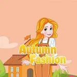 Tegneseriefigur med langt oransje hår iført brune klær, foran et hus med teksten Autumn Fashion