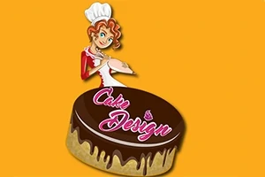 En illustrasjon av en kvinnelig konditor iført hatt og rød kjole, holder en kake med glasur og teksten Cake Design på en oransje bakgrunn