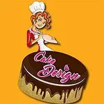 En illustrasjon av en kvinnelig konditor iført hatt og rød kjole, holder en kake med glasur og teksten Cake Design på en oransje bakgrunn