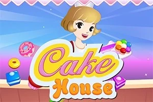 En tegnet kvinne med kort blondt hår holder fargerike kaker foran en blå bakgrunn med teksten Cake House