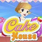 En tegnet kvinne med kort blondt hår holder fargerike kaker foran en blå bakgrunn med teksten Cake House