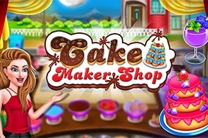 En kvinnelig figur står foran et fargerikt bakebutikkmiljø med en stor kake og skilt med teksten Cake Maker Shop