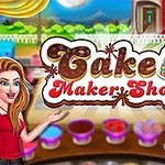 En kvinnelig figur står foran et fargerikt bakebutikkmiljø med en stor kake og skilt med teksten Cake Maker Shop