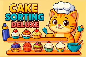 En tegnet katt med kokkelue står ved siden av cupcakes i forskjellige farger, med kulinarisk utstyr i bakgrunnen