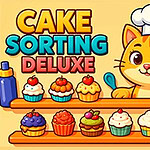 En tegnet katt med kokkelue står ved siden av cupcakes i forskjellige farger, med kulinarisk utstyr i bakgrunnen