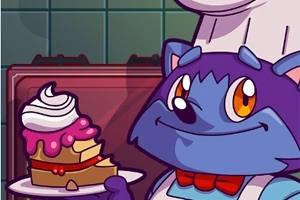 Tegneserieaktig katt i kokkeuniform holder et fat med et kakestykke med glasur på