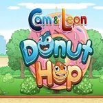 Fargerik illustrasjon med to figurer og teksten Cam & Leon Donut Hop foran en stor, rosa smultring i en parklandskap
