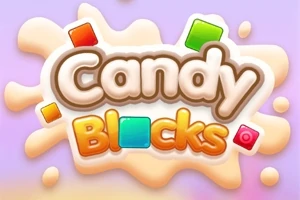 Fargerik plakat med teksten Candy Blocks omgitt av fargerike firkanter på en lys bakgrunn