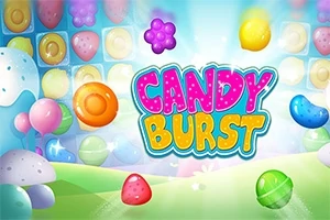 Fargerik illustrasjon med ulike typer sukkertøy mot en bakgrunn av lyse farger og søtsaker, med teksten Candy Burst i midten