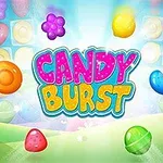 Fargerik illustrasjon med ulike typer sukkertøy mot en bakgrunn av lyse farger og søtsaker, med teksten Candy Burst i midten