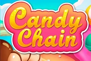 Fargerik og lystig grafikk med teksten Candy Chain i gule bokstaver mot en rosa bakgrunn, omgitt av tegneseriegodteri
