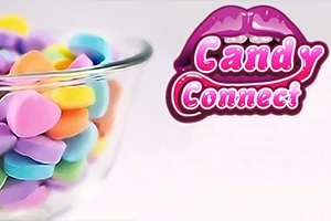 En glassbolle med fargerike, hjerteformede sukkertøy ved siden av en logo med teksten Candy Connect og stiliserte lepper