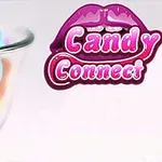 En glassbolle med fargerike, hjerteformede sukkertøy ved siden av en logo med teksten Candy Connect og stiliserte lepper