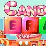 Fargerik illustrasjon med store bokstaver som staver Candy Era over en bakgrunn av søtsaker og kakebutikker