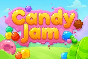 Fargerik illustrasjon med teksten Candy Jam i store, gule bokstaver omgitt av søtsaker og fargerike elementer på en grønn bakgrunn