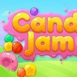 Fargerik illustrasjon med teksten Candy Jam i store, gule bokstaver omgitt av søtsaker og fargerike elementer på en grønn bakgrunn
