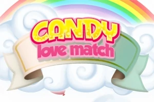 Tekst Candy Love Match i fargerike bokstaver foran en regnbue og hvite skyer