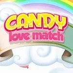 Tekst Candy Love Match i fargerike bokstaver foran en regnbue og hvite skyer
