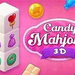 Søte kuber med godteri-symboler mot en rosa bakgrunn med teksten Candy Mahjong 3D