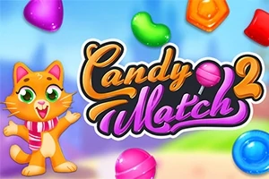 En tegneserieaktig katt med skjerf står foran en fargerik bakgrunn med flytende godterier og teksten Candy Match 2