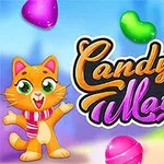 En tegneserieaktig katt med skjerf står foran en fargerik bakgrunn med flytende godterier og teksten Candy Match 2