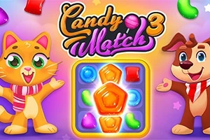 En tegnet katt og hund ved siden av fargerike godteribiter og logoen Candy Match 3 på en livlig bakgrunn