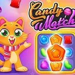 En tegnet katt og hund ved siden av fargerike godteribiter og logoen Candy Match 3 på en livlig bakgrunn