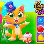En tegneserieaktig oransje katt med blå hatt og sløyfe står ved siden av en fargerik spillbrett med ulike godterier, på grønt gress med ballonger og en kake ved føttene