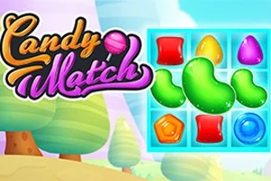 Fargerikt spillbrett med forskjellige godteribiter og teksten Candy Match på en bakgrunn av tegneserieaktige trær