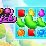 Fargerikt spillbrett med forskjellige godteribiter og teksten Candy Match på en bakgrunn av tegneserieaktige trær