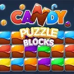Fargerik illustrasjon med teksten Candy Puzzle Blocks og flere rader med fargerike blokker
