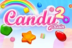 Fargerik illustrasjon med godteri, en regnbue, og teksten Candy Rain 2
