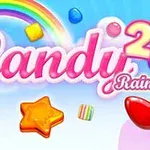 Fargerik illustrasjon med godteri, en regnbue, og teksten Candy Rain 2