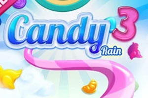 Fargerik illustrasjon med teksten Candy Rain 3, pastellfargede godterier, og en skyet bakgrunn