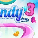 Fargerik illustrasjon med teksten Candy Rain 3, pastellfargede godterier, og en skyet bakgrunn