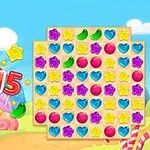 Fargerik bakgrunn med godteri-elementer, regnbue og 3x3 matchende symboler i form av hjerter, stjerner og sirkler