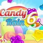 Fargerikt, tegneserieaktig landskap med godteri-elementer, en smilende kjærlighet-på-pinne, og teksten Candy Rain 6