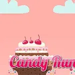 Illustrasjon av et søtt, fargerikt landskap med en stor kake med kirsebær på toppen, en tegneseriefigur med rødt hår, og teksten Candy Runner i rosa skrift