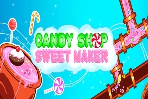 Tegning av en fargerik godteriverden med rør som frakter rosa væske, en stor bolle, forskjellige godterier, og teksten Candy Shop Sweet Maker i midten