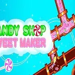 Tegning av en fargerik godteriverden med rør som frakter rosa væske, en stor bolle, forskjellige godterier, og teksten Candy Shop Sweet Maker i midten