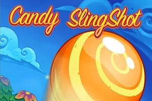 Fargerik bakgrunn med store sukkertøy i forgrunnen og teksten Candy SlingShot øverst