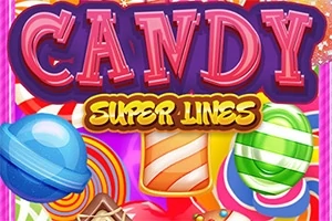 Fargerik illustrasjon av forskjellige sukkertøy med teksten Candy Super Lines i midten