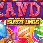 Fargerik illustrasjon av forskjellige sukkertøy med teksten Candy Super Lines i midten