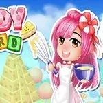 Tegneseriefigur med rosa hår og en rød sløyfe holder en visp og en bolle, omgitt av fargerike godteri-elementer, med teksten CANDY WORD i bakgrunnen