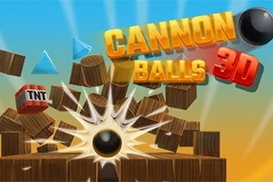Teksten Cannon Balls 3D i fargerik skrift over en kanonkule som sprenger gjennom treblokker med solen i bakgrunnen