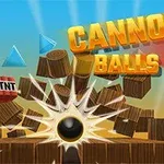 Teksten Cannon Balls 3D i fargerik skrift over en kanonkule som sprenger gjennom treblokker med solen i bakgrunnen