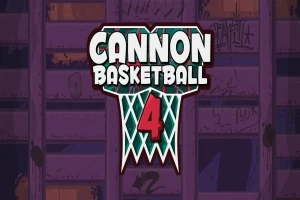 Teksten Cannon Basketball 4 vises foran en lilla bakgrunn med konturer av bygninger eller strukturer