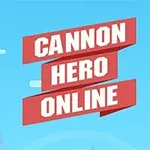 To figurer med kanoner står på hver sin side av bildet, med teksten Cannon Hero Online i midten foran en blå himmel