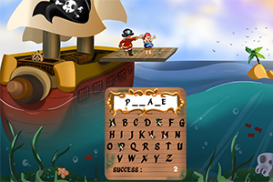 Et piratskip på havet med to pirater om bord, en planke, en hodeskalleflagg, og en meldingstavle med bokstaver og en gåte