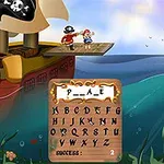 Et piratskip på havet med to pirater om bord, en planke, en hodeskalleflagg, og en meldingstavle med bokstaver og en gåte